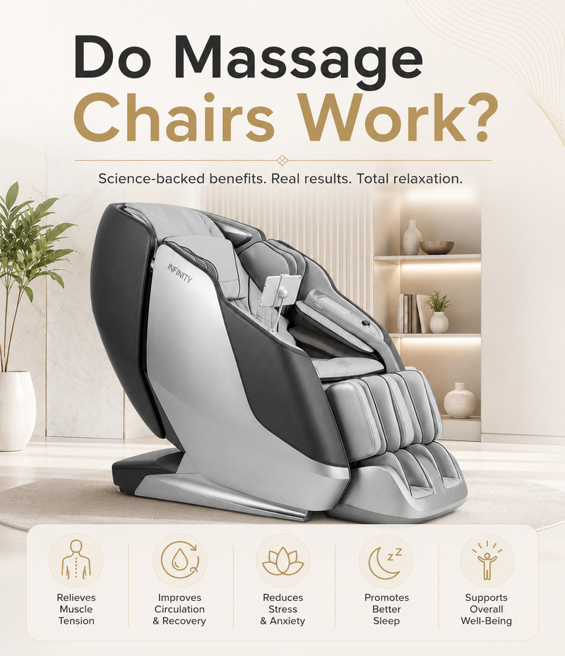 Do massage chairs work? Premium Infinity massage chair featured with science-backed wellness benefits including stress relief, improved circulation, muscle recovery, better sleep, and overall well-being.