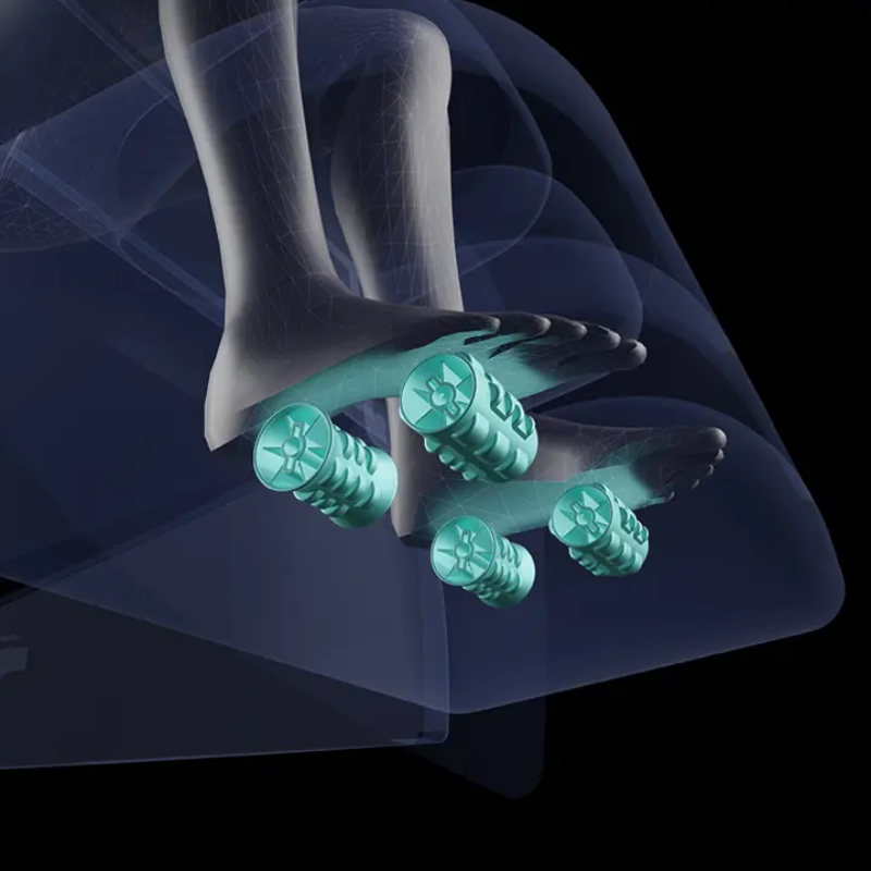 Close-up of the Infinity Solstice Deluxe Massage Chair's Dual Reflexology Foot Rollers, featuring two sets of rollers per foot that replicate thumb and finger techniques to apply pressure to vital points on the soles, promoting relaxation and relief throughout the body.