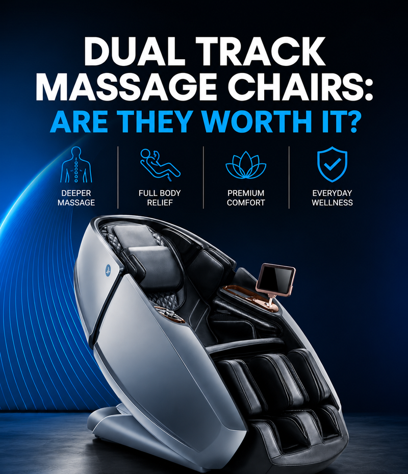 Mobile banner for "Dual Track Massage Chairs: Are They Worth It?" featuring a luxury silver and black massage chair with benefit icons.