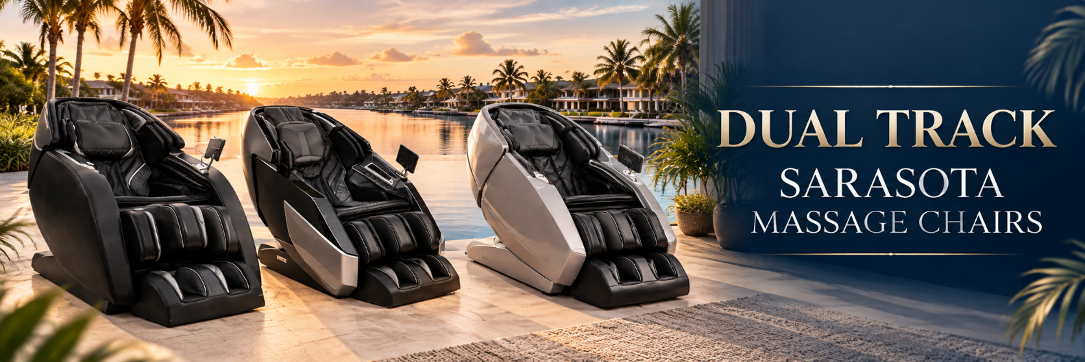Three luxury dual-track massage chairs displayed in a waterfront Sarasota setting at sunset.
