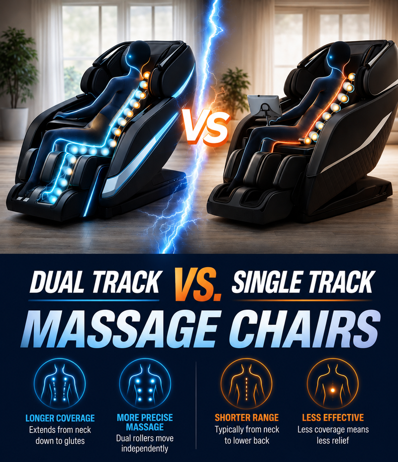 Dual Track vs. Single Track Massage Chairs: visual comparison of massage roller coverage, body contouring, and massage performance, showing why dual track massage chairs provide more complete full-body relief.