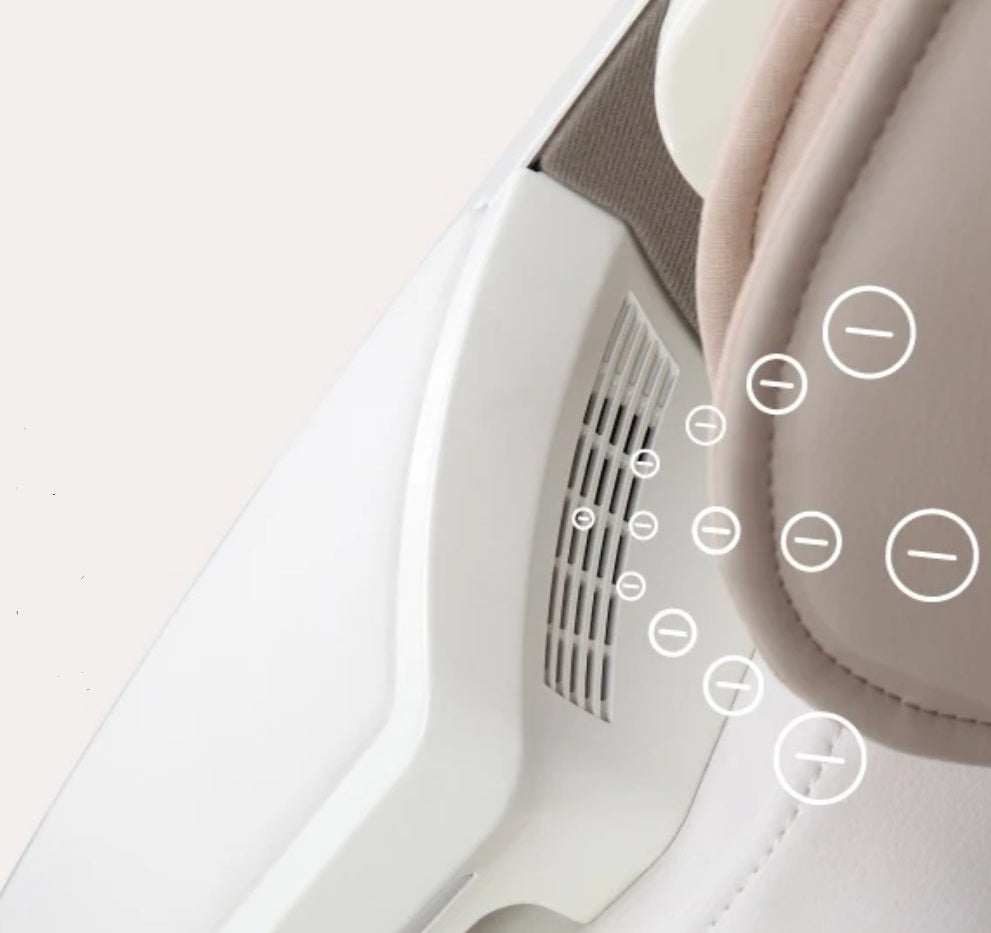 Close-up of the Osaki DuoMax 4D Massage Chair's Negative Air Ionizer, showcasing its sleek design and advanced technology for improving air quality by releasing refreshing negative ions.