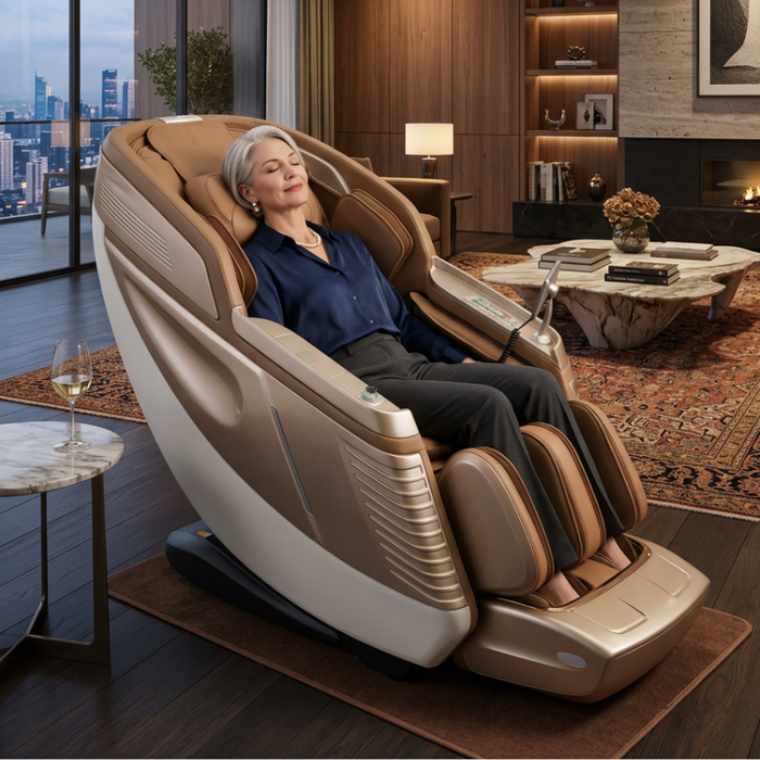 DuoWellness Soteria LE massage chair in brown situated in a relaxing living room with a city skyline in the background.