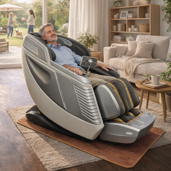 DuoWellness Soteria LE massage chair in silver situated in a modern living room setting.