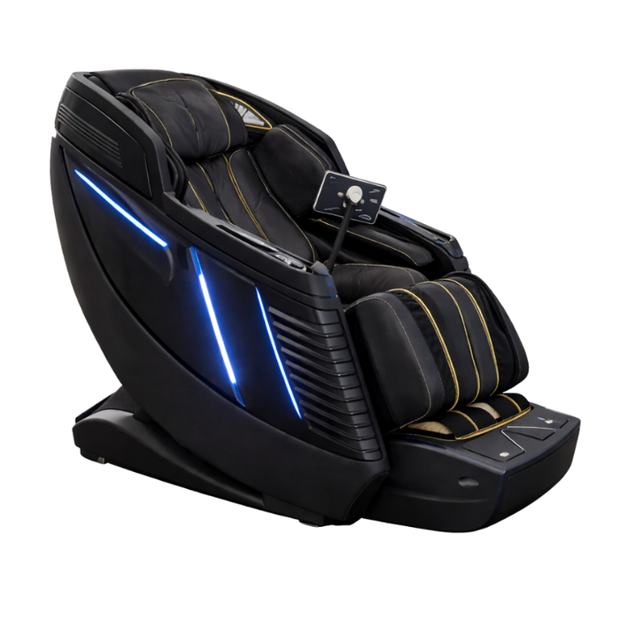DuoWellness Soteria LE massage chair in black with dual mechanism full body design.