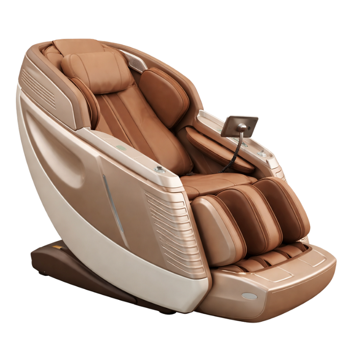 DuoWellness Soteria LE massage chair in brown showcasing full body massage system.