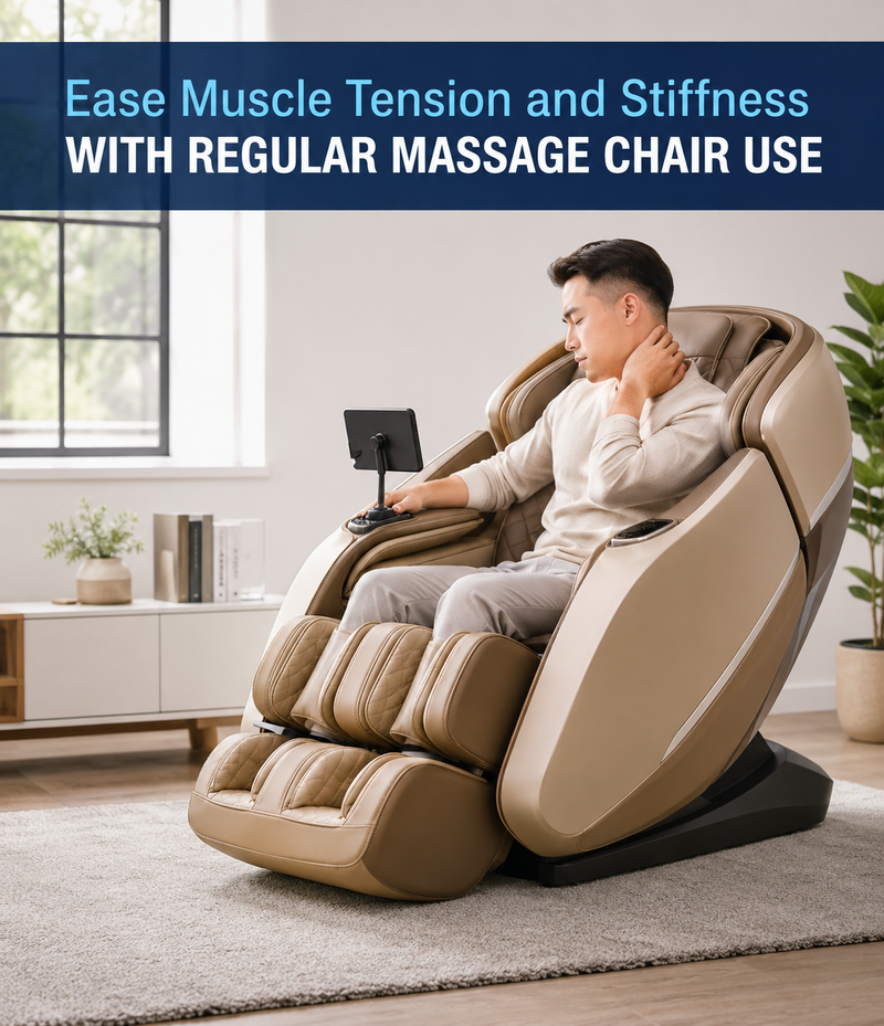 Person relaxing in a full-body massage chair to relieve muscle tension, reduce stiffness, improve flexibility, and support daily pain relief and overall wellness at home.