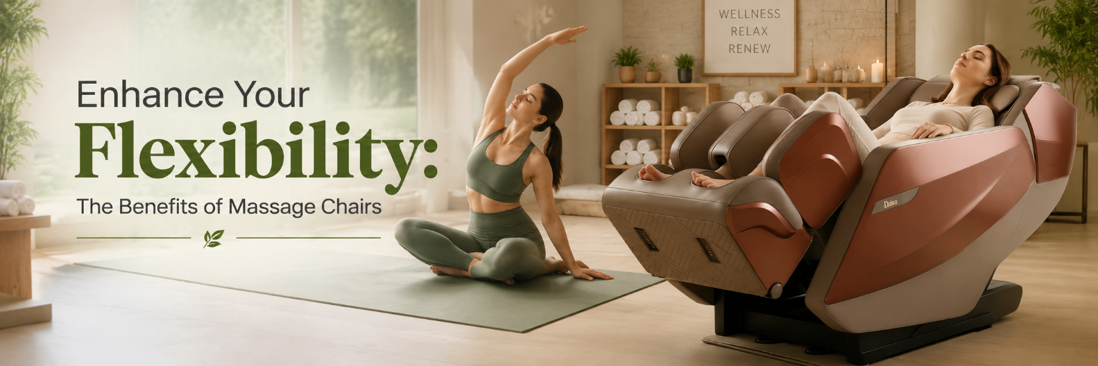 Woman relaxing in a luxury massage chair while another woman stretches in a modern wellness center, illustrating the flexibility benefits of massage chairs.