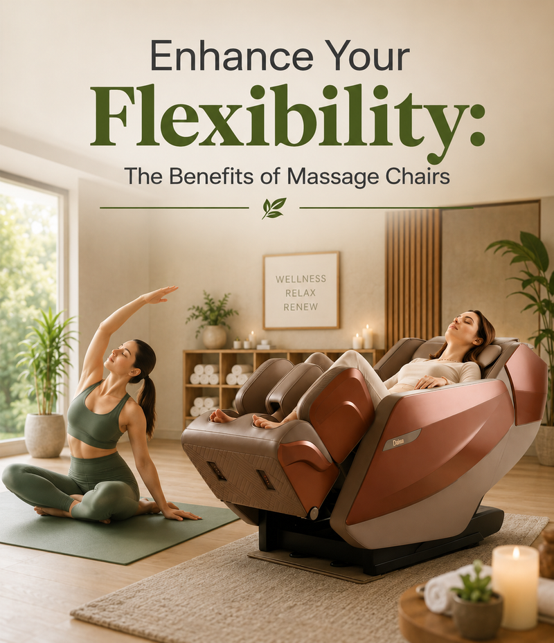 Enhance Your Flexibility: woman enjoying a massage chair beside a woman performing a stretch in a tranquil wellness spa, highlighting massage chair flexibility benefits.