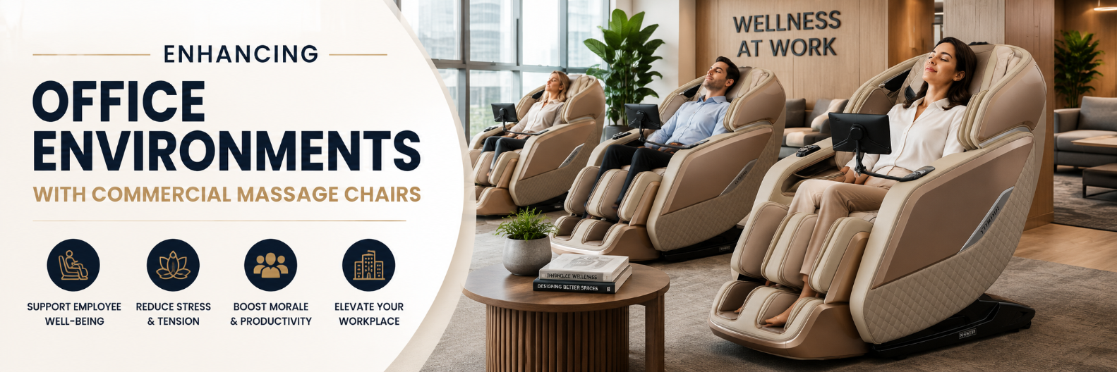 Commercial massage chairs in a modern employee wellness lounge designed to reduce workplace stress, support employee well-being, and enhance office environments.