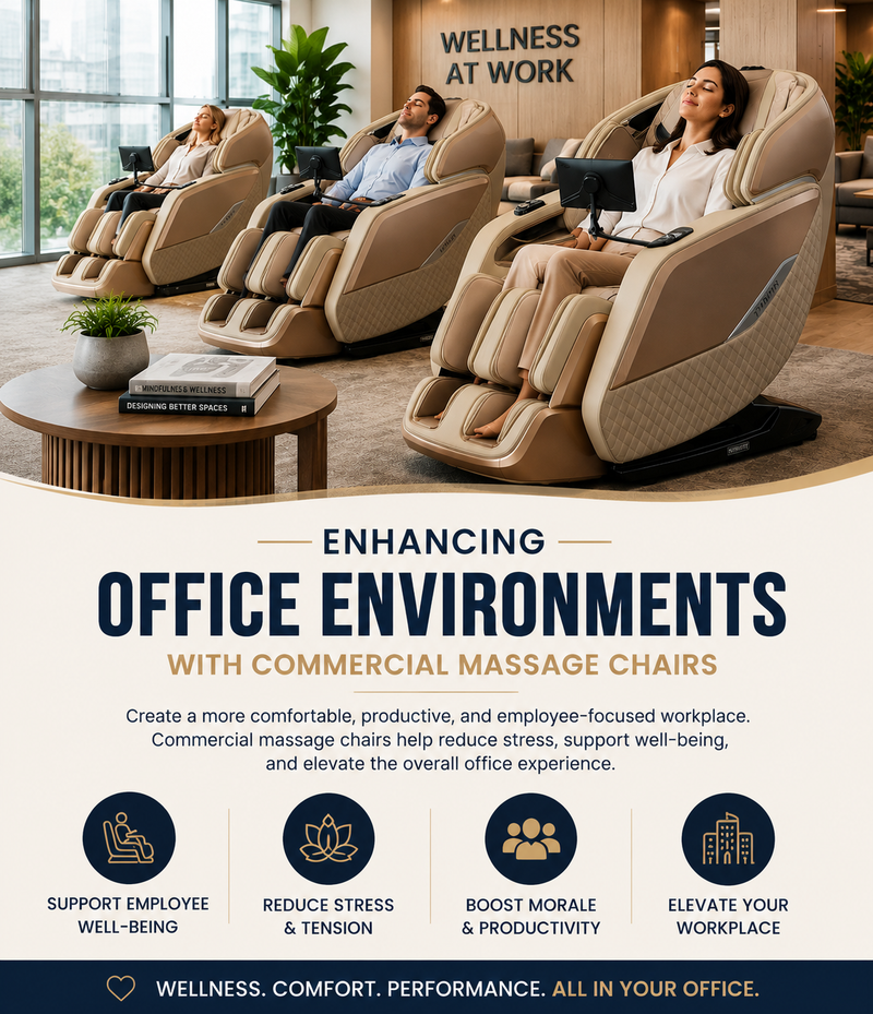 Employees relaxing in commercial massage chairs within a workplace wellness lounge, promoting employee comfort, productivity, and workplace well-being.