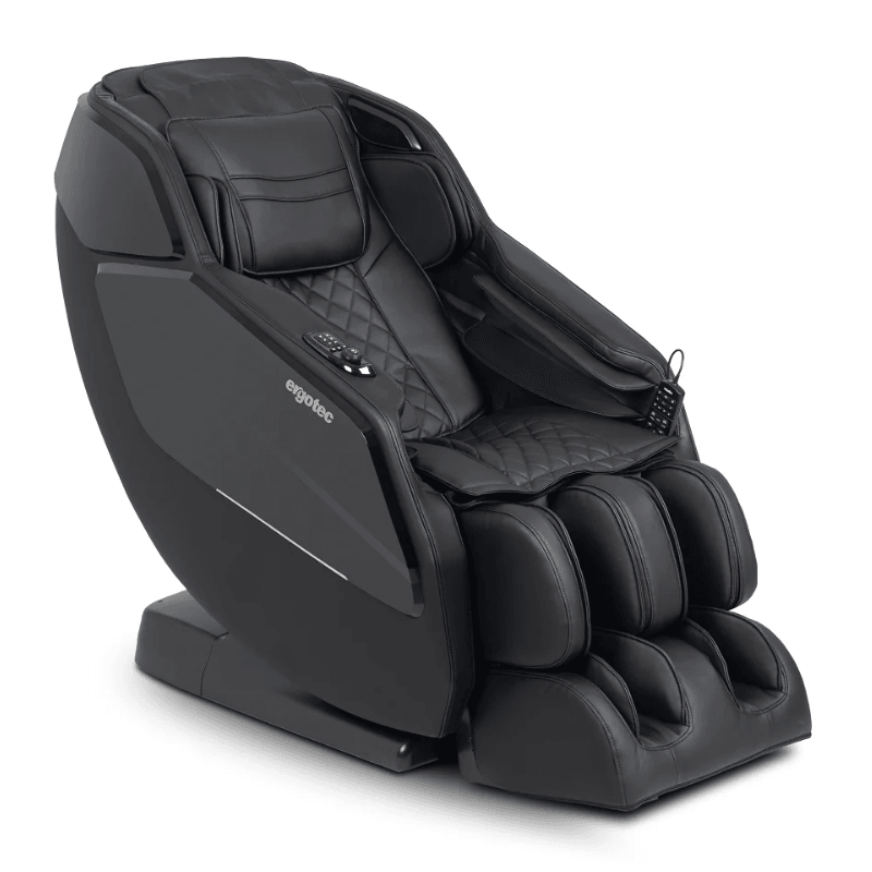 Ergotec ET-180 Pluto massage chair in sleek black finish, featuring a full-body L-track design with integrated foot and calf compartments