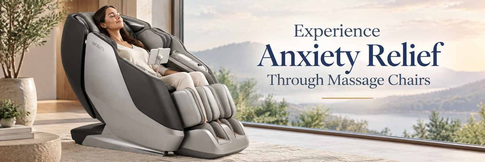 Woman relaxing in an Infinity massage chair in a peaceful home setting overlooking a lake and mountains.