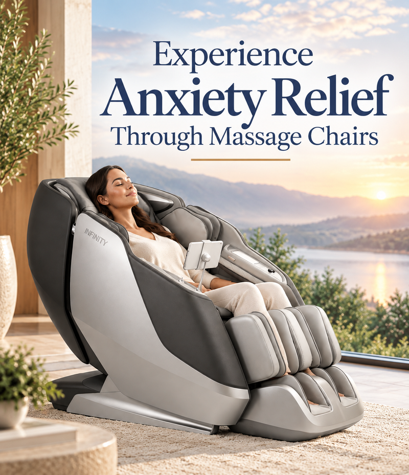 Woman reclining in an Infinity massage chair for relaxation and stress relief in a serene lakeside setting.
