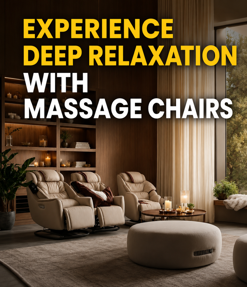 Massage chairs in a modern living room with text promoting deep relaxation.