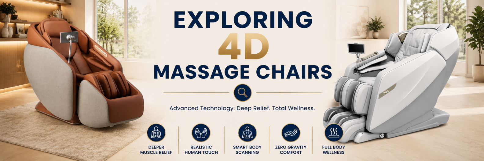 Exploring 4D Massage Chairs featuring the Ceragem Pause M10 and Kahuna Dios Flexa in a modern wellness setting with advanced massage technology and premium comfort.
