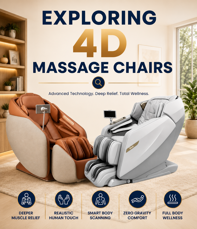 Exploring 4D Massage Chairs showcasing the Ceragem Pause M10 and Kahuna Dios Flexa with advanced 4D massage technology, deep muscle relief, and full-body wellness features.