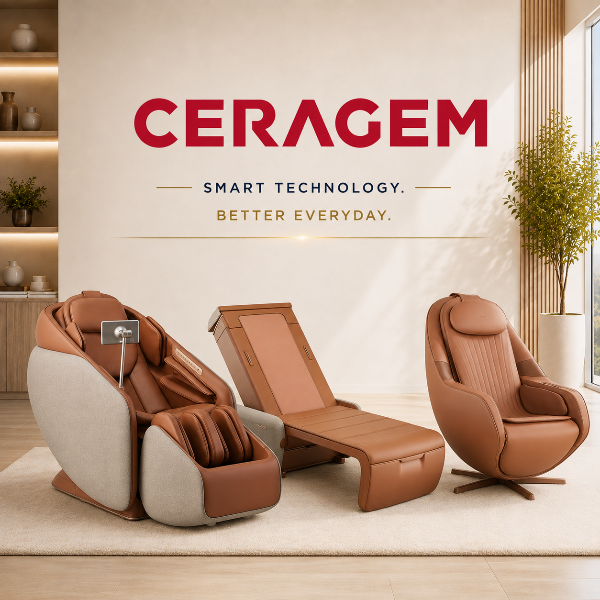 Three CERAGEM smart massage chairs in a modern, sunlit living room: a full-body massage chair on the left, a matching chaise lounge chair in the center, and a smaller armchair on the right. The background features a warm beige wall with the red CERAGEM logo and gold text.