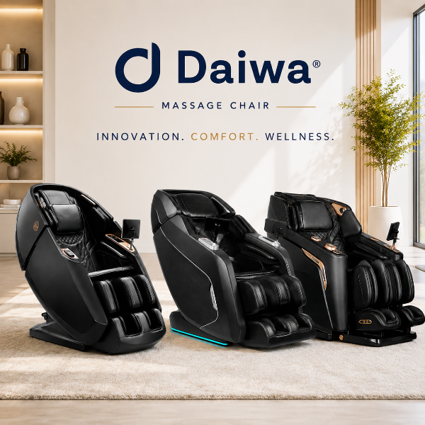 Three black Daiwa massage chairs displayed in a modern, sunlit room with a beige rug and wall-mounted logo. The chairs feature padded seats, armrests, and multi-point massagers, with one chair showing a blue light glow underneath.