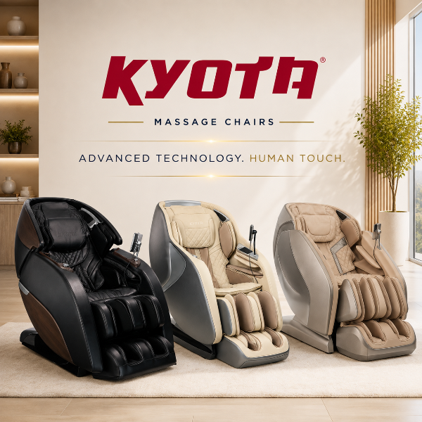 Three Kyota massage chairs in black/brown, beige/gray, and taupe/beige are lined up in a modern, sunlit room with a large Kyota logo on the wall behind them.