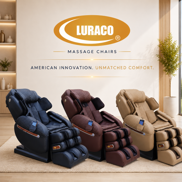 Three LURACO massage chairs in navy blue, dark brown, and beige are lined up in a modern, sunlit room. Above them, the LURACO brand logo and the tagline 'AMERICAN INNOVATION.