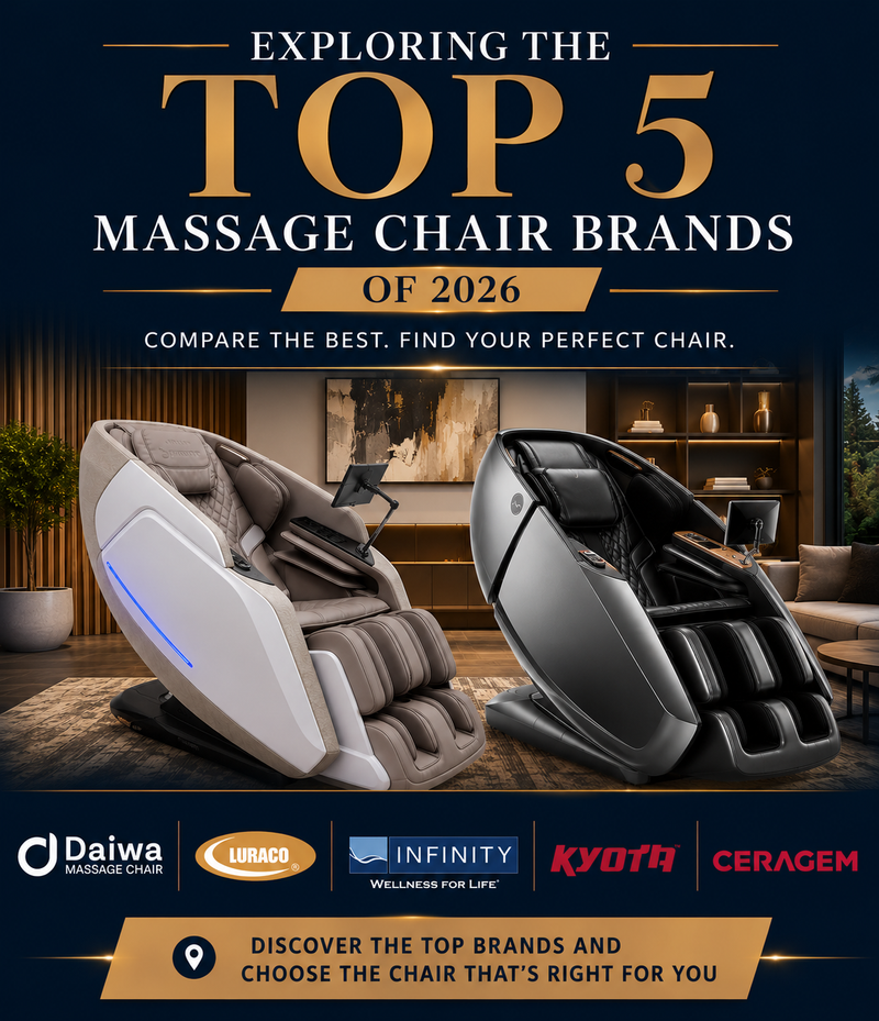 Promotional graphic for a guide titled 'Exploring the Top 5 Massage Chair Brands of 2026', featuring two massage chairs side by side in a modern living room setting. The left chair is white and beige, and the right chair is black and gray.