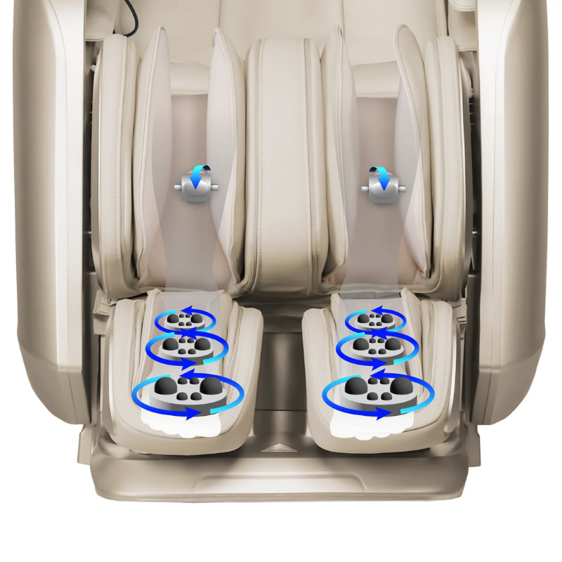 Osaki 4D Achilles massage chair with foot rollers featuring reflexology ridges and calf rollers for full lower-leg relief.