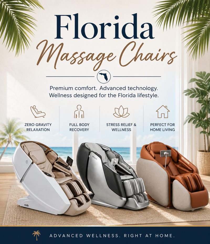 Premium Florida massage chairs showcased in a bright coastal-inspired interior with advanced wellness features including zero gravity recline, full body massage recovery, and luxury home relaxation technology.