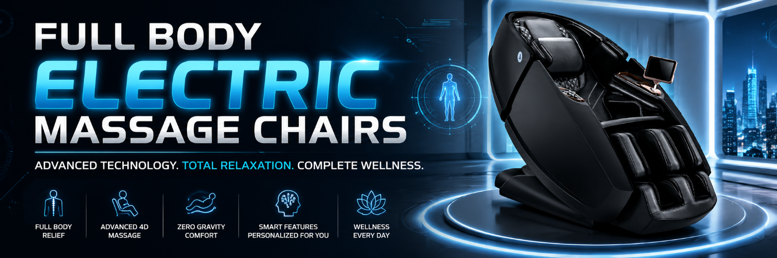Full body electric massage chair with advanced 4D rollers, zero gravity positioning, and smart wellness technology.