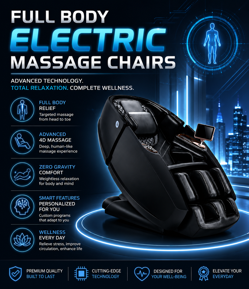 Modern full body electric massage chair designed for relaxation, muscle recovery, and personalized massage therapy.