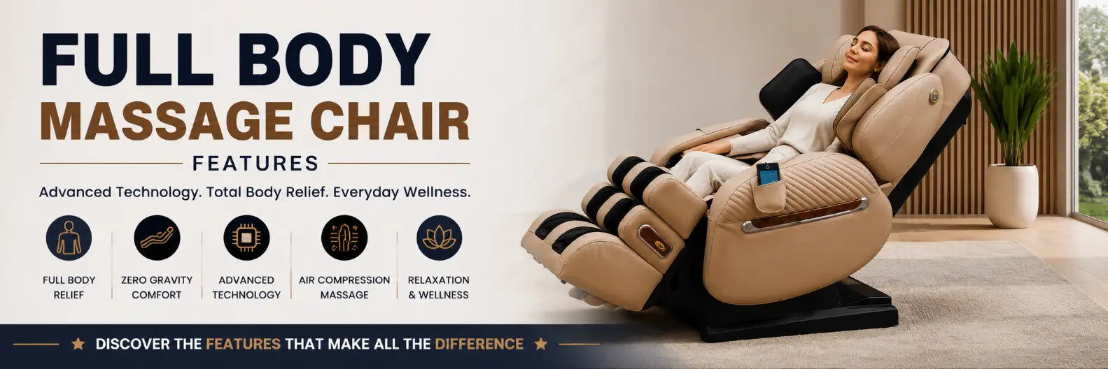 Woman relaxing in a Luraco i9 Max SE full body massage chair illustrating advanced full body massage chair features including Zero Gravity, air compression, and deep tissue massage.