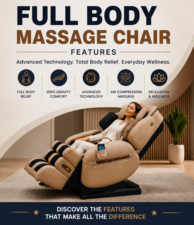 Luraco i9 Max SE full body massage chair with a woman enjoying a relaxing massage beneath the title "Full Body Massage Chair Features."