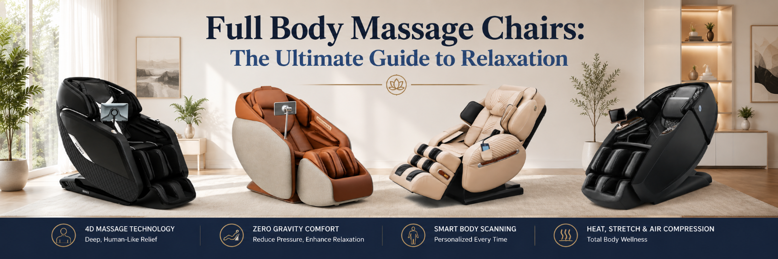 A promotional banner for full-body massage chairs, showing three different models: a black one on the left, a brown and beige one in the center, and a black one on the right. The background depicts a modern, bright living room.