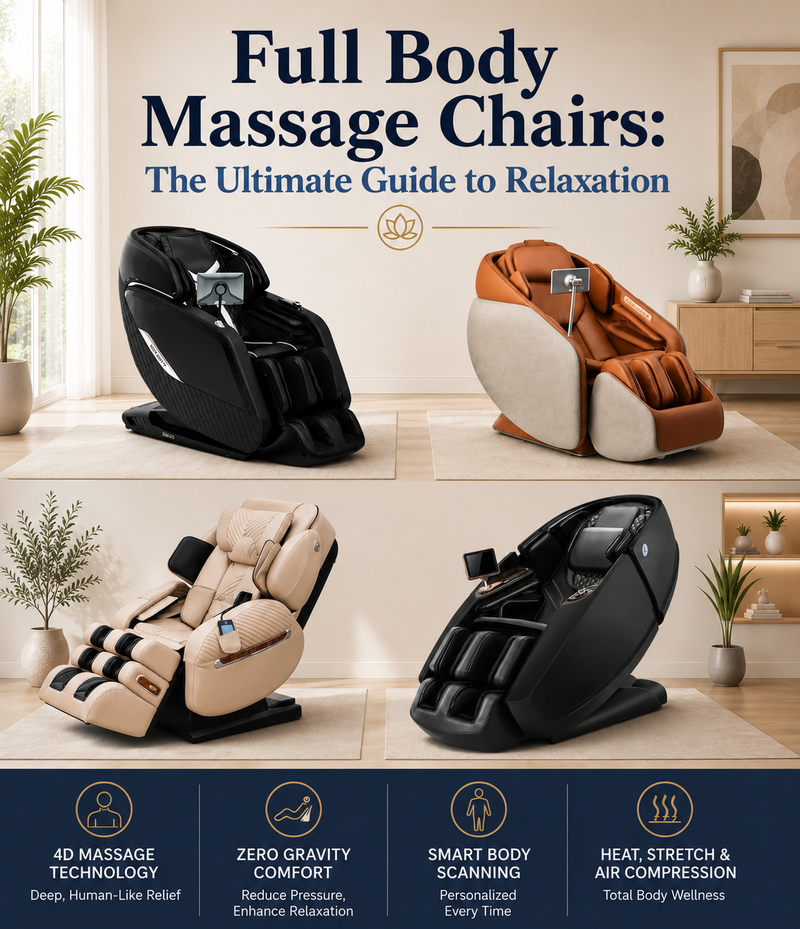 A promotional graphic for massage chairs with the headline 'Full Body Massage Chairs: The Ultimate Guide to Relaxation.' The image shows four massage chair models arranged in a 2x2 grid: black, tan-and-cream, black, and brown-and-cream, each placed in a styled interior setting.