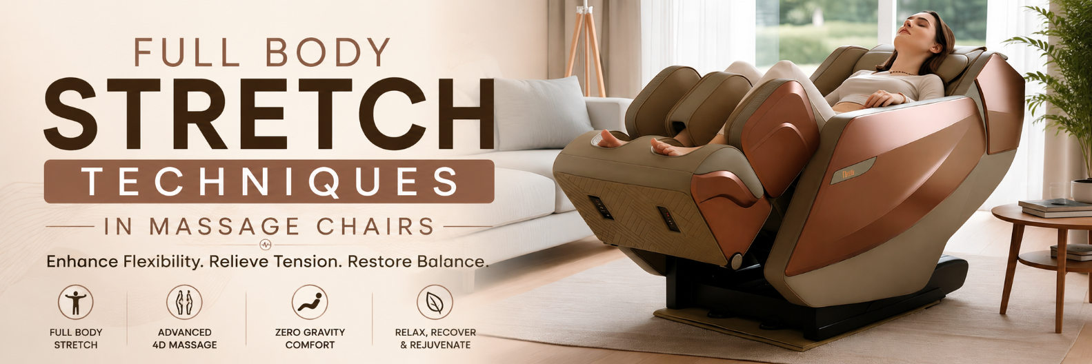 Premium massage chair demonstrating full body stretch techniques, advanced 4D massage, and zero gravity positioning to improve flexibility and relieve muscle tension.