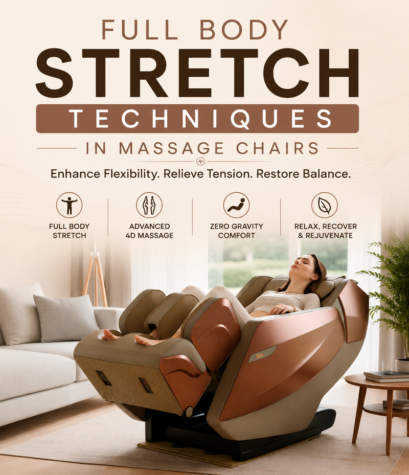 Modern massage chair showcasing full body stretch techniques with advanced 4D massage and zero gravity comfort.