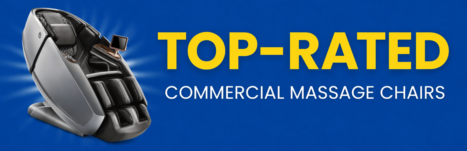 Top rated commercial massage chairs banner featuring a grey luxury massage chair on a blue background.