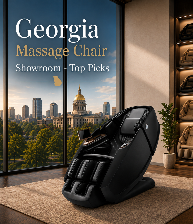 Customer comparing luxury Daiwa massage chairs at The Modern Back's Atlanta showroom while exploring premium massage chair features.