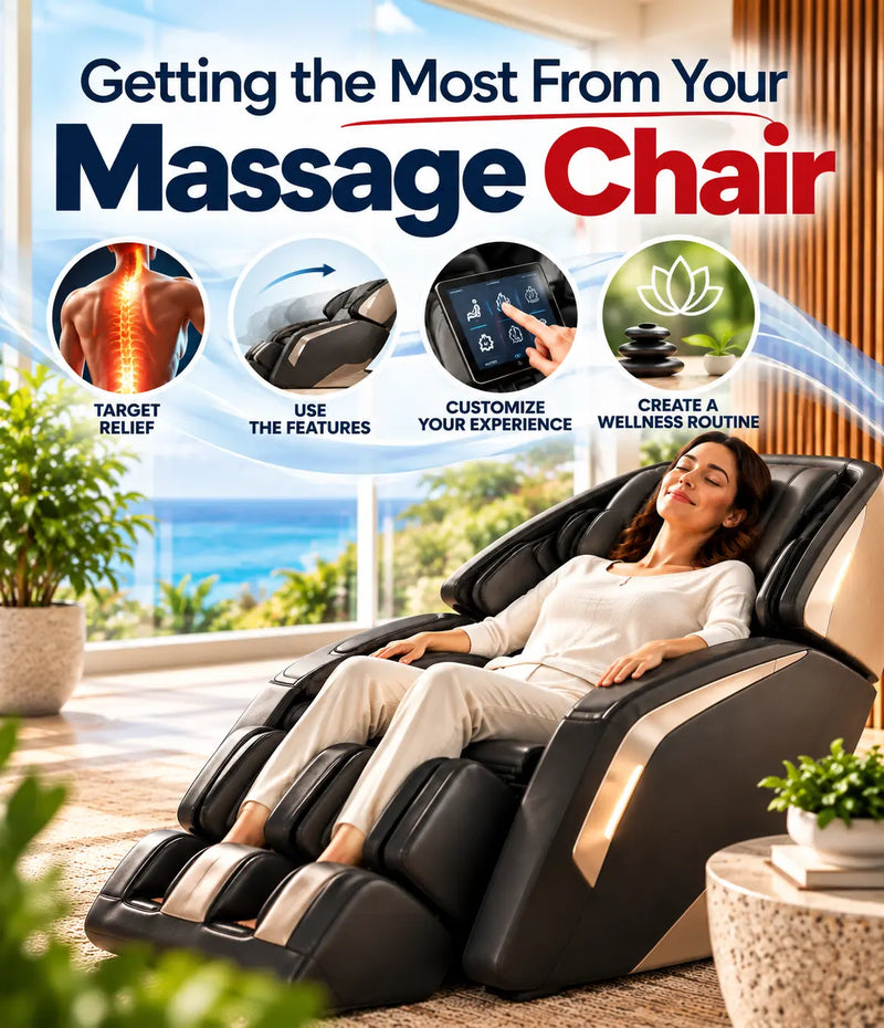 A woman reclines in a black and beige massage chair in a bright living room with ocean views. Large text at the top reads 'Getting the Most From Your Massage Chair' with four circular feature callouts: target relief, use the features, customize your experience, and create a wellness routine.