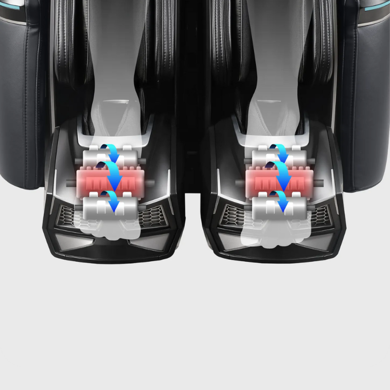 Close-up of acupuncture foot rollers with three-roller system and adjustable heat levels targeting pressure points from heel to ball of the foot.