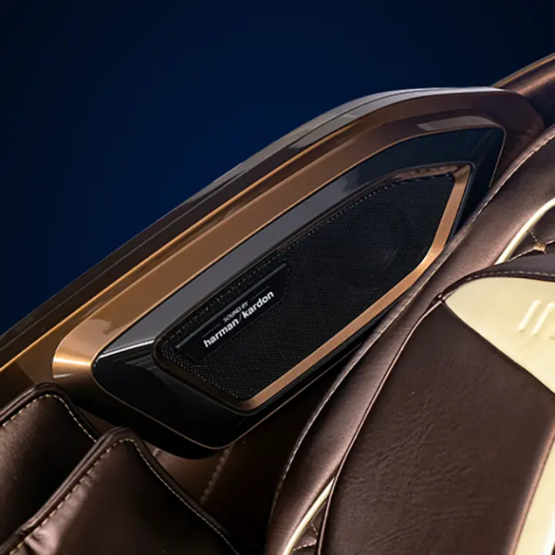 Close-up of the Infinity Circadian 4D DualFlex Massage Chair's Harman/Kardon® Premium Audio system, featuring high-fidelity speakers integrated into the headrest, allowing seamless Bluetooth connectivity to stream music, guided meditations, and ambient soundscapes for an enhanced relaxation experience.