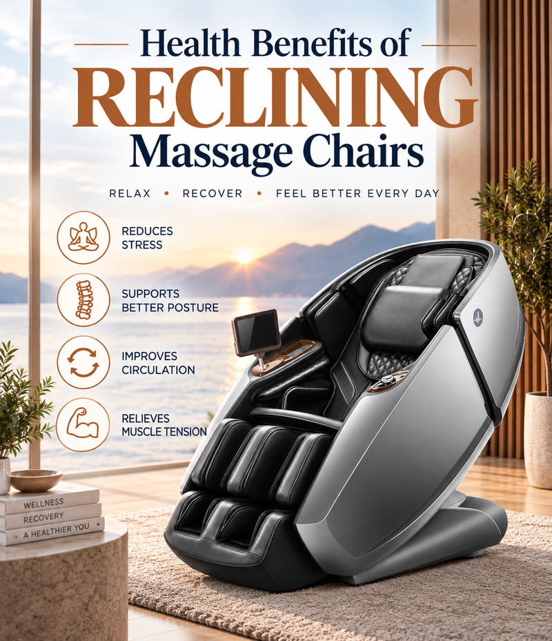 Reclining massage chair with health benefits including stress relief, improved circulation, posture support, and muscle relaxation.