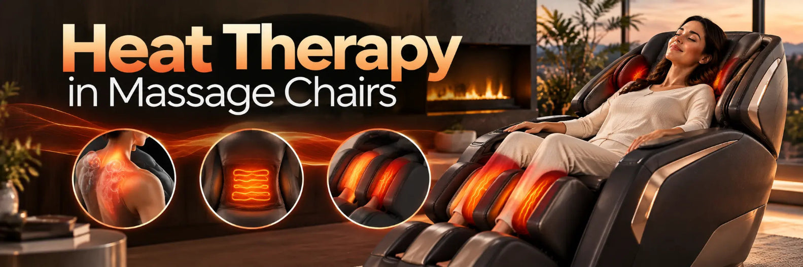Heat Therapy in Massage Chairs featuring a woman relaxing in a luxury massage chair with glowing heat zones for the shoulders, lower back, and legs.