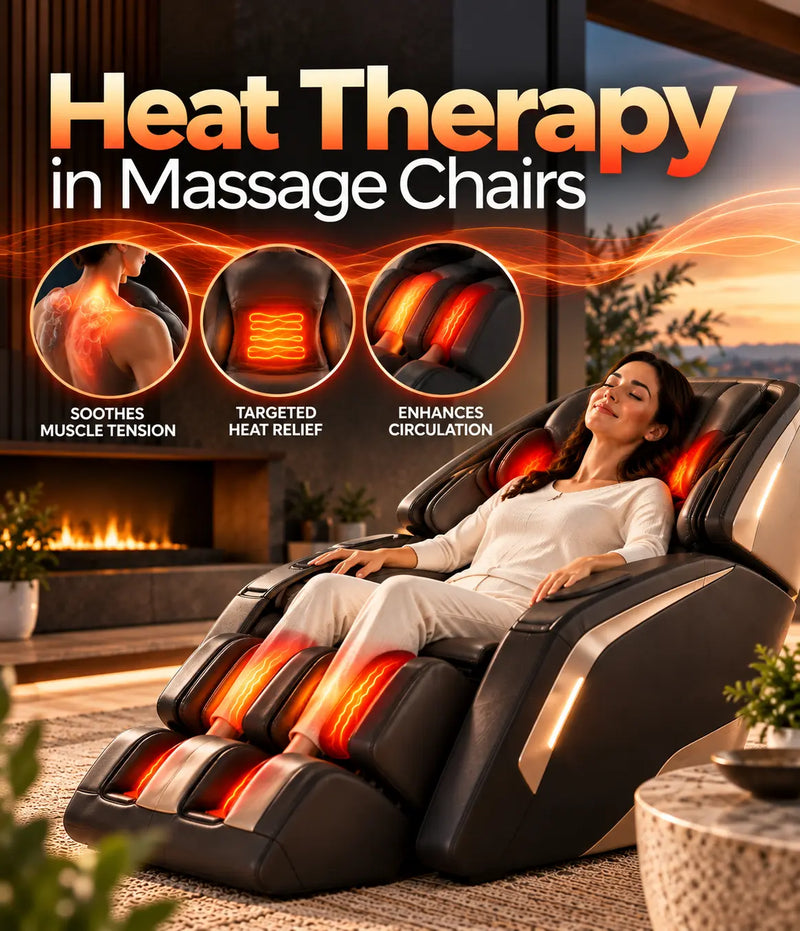 Woman reclining in a heated massage chair with glowing shoulder, lumbar, and leg heating zones, illustrating massage chair heat therapy features.