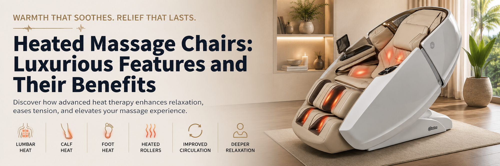 Heated massage chair shown in a modern home interior setting, with large promotional text on the left and feature icons along the bottom. The chair is white and gray with orange massage pads visible inside.