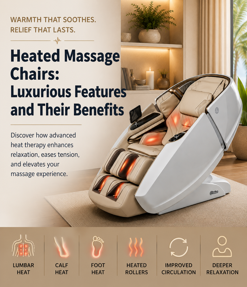 A beige and white heated massage chair shown at an angle in a styled indoor room setting, with promotional text on the left and feature icons along the bottom. The chair has illuminated orange-red heating zones visible on the seat and armrests.