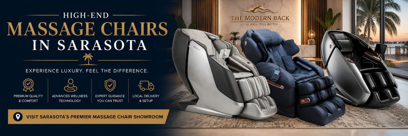 Promotional banner for massage chairs in Sarasota, featuring three massage chair units in silver, navy blue, and black, set against a luxurious interior background with palm trees and the text 'HIGH-END MASSAGE CHAIRS IN SARASOTA'.