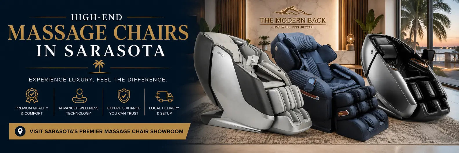 Promotional banner for massage chairs in Sarasota, featuring three massage chair units in silver, navy blue, and black, set against a luxurious interior background with palm trees and the text 'HIGH-END MASSAGE CHAIRS IN SARASOTA'.