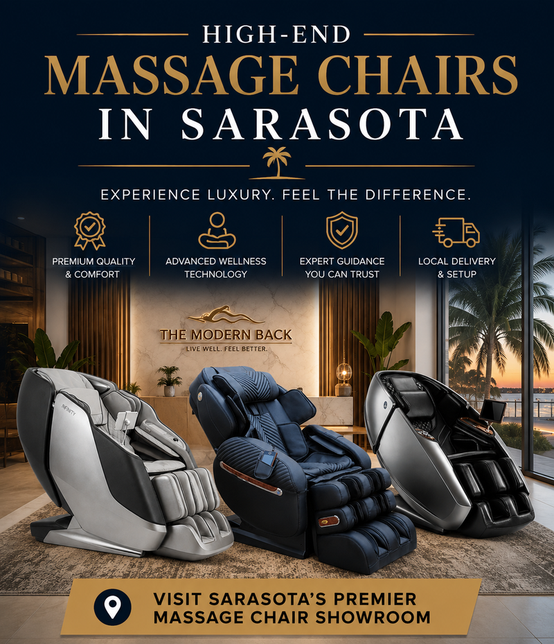 Promotional advertisement for massage chairs in Sarasota, featuring two massage chairs in the foreground: one silver and gray and one dark navy blue. The background shows a luxurious interior room with palm trees and a sunset view.