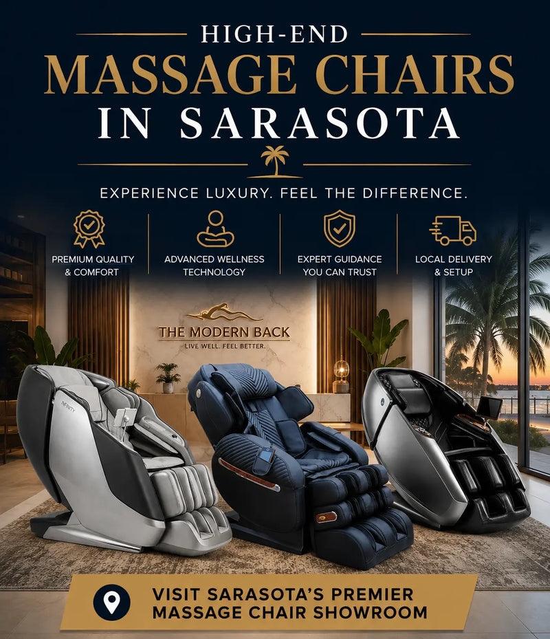 Promotional advertisement for massage chairs in Sarasota, featuring two massage chairs in the foreground: one silver and gray and one dark navy blue. The background shows a luxurious interior room with palm trees and a sunset view.
